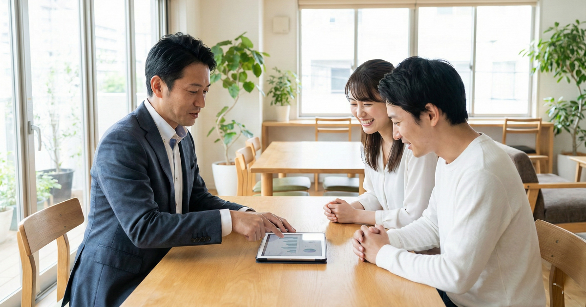 タブレットでお客様に説明している代理店の様子